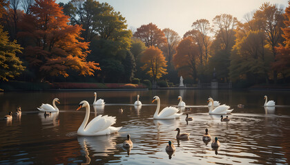 A beautiful group of white swans and ducks swimming in a river and lake
