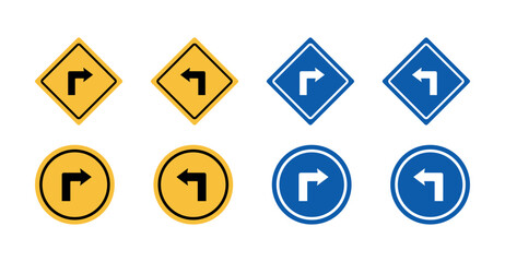 Traffic Direction Sign Icon Set, Road Safety Symbols, Turn Left and Right Warning Signs, Navigation Arrow Signals, Highway Caution Markers, Transportation Guidance Vector Illustration