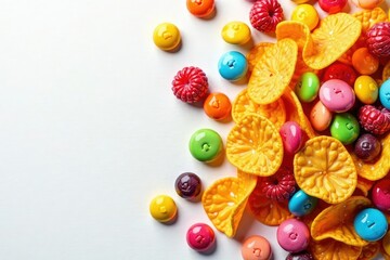 Fototapeta premium Pile of colorful candy, chips, and soda on white background, artificial colors, overhead shot
