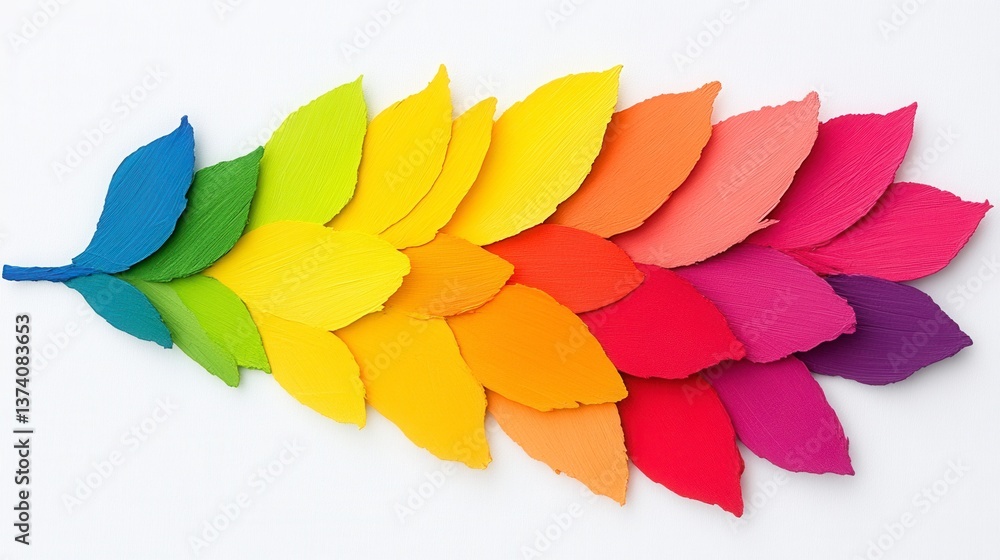 Poster rainbow colored paper leaves arranged in a gradient pattern on a white background. the leaves are cr