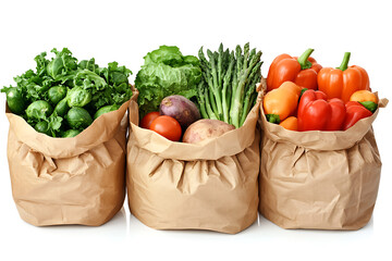 Fresh organic vegetables in paper bags isolated on white. A colorful mix of bell peppers, greens, asparagus, and root vegetables perfect for healthy eating, vegan recipes, or grocery concepts.