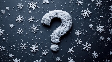 Snowflakes gather gently around a frosty question mark, capturing the mystery and unpredictability of the coming weather.

