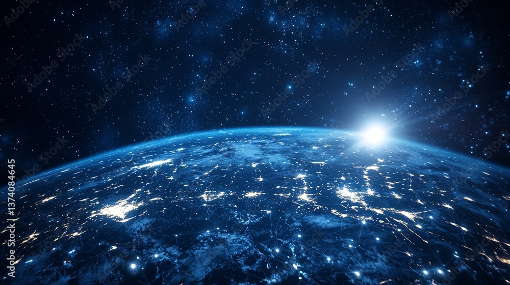 Poster a digital representation of the globe symbolizes worldwide interconnectedness and networking, depict