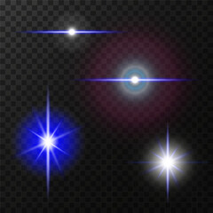 Set of four glowing elements with blue and white light on transparent background. Each element has a unique shape and effect from thin lines to bright starbursts. EPS10 vector illustration.
