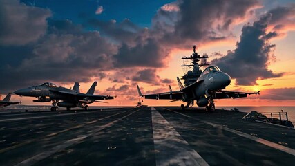 Military jets are lined up and ready on the deck of an aircraft carrier as a vibrant sunset casts an orange glow over the ocean. Adrenaline fills the air as preparation for flight intensifies