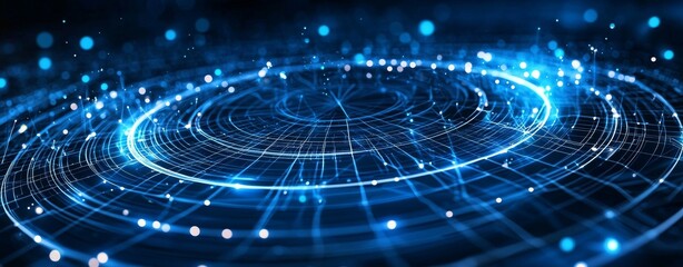 A dynamic, abstract design weaves together particles and light to create a captivating visual representation of futuristic technology, data flow, and boundless energy