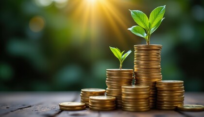 Growth of Investment with Green Plant on Stacked Coins in Nature