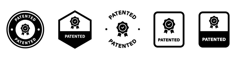 Patented - vector labels with check mark. Stamps for product packaging isolated on white.