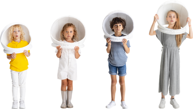 Dreamy childhood. Collage. Four playful joyful children, kids, boys and girl in astronaut helmets posing against transparent background. Concept of family, child, motherhood, youth.