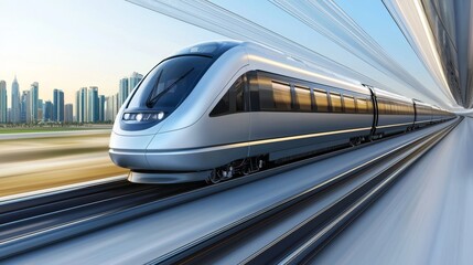 Rapid travel and advanced transportation technology are exemplified by a futuristic high-speed train zooming down a state-of-the-art track