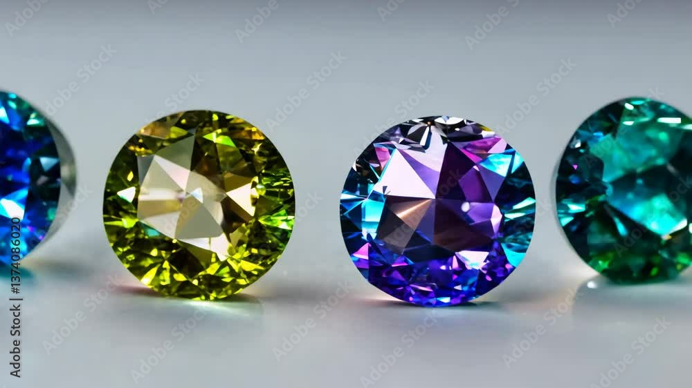 Poster four different colored gemstones are lined up on a white surface. the stones are of different colors