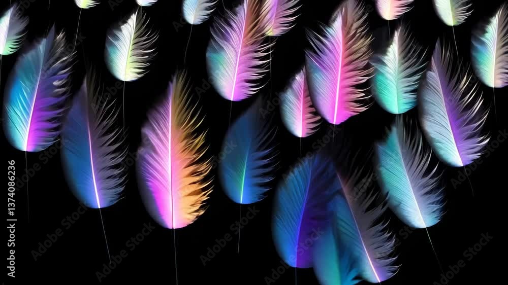 Aufkleber A colorful image of many feathers with a black background. The feathers are in various colors and sizes