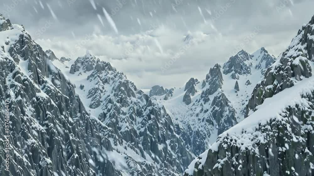 Poster a mountain range covered in snow. the snow is falling from the sky. the mountains are very tall