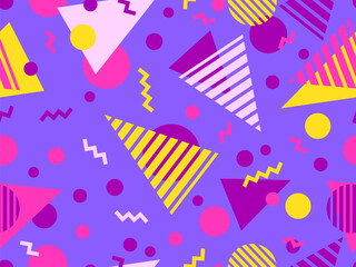 Geometric seamless pattern with memphis elements in 80s style. Colorful geometric pattern. Design of promotional products, wrapping paper and printing. Vector illustration