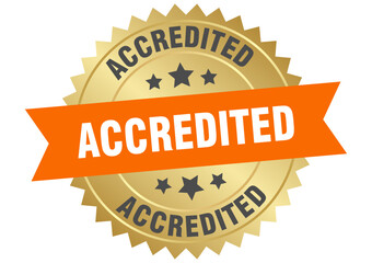 accredited. accredited round orange and gold label isolated on transparent background