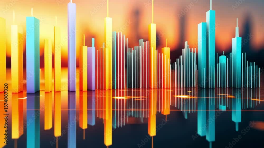 Poster vibrant 3d cityscape with colorful skyscrapers and reflections, showcasing dynamic urban architectur