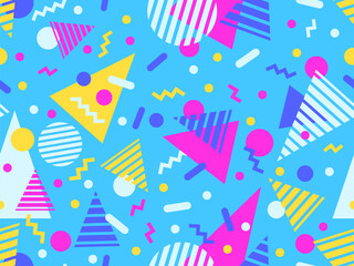 Geometric seamless pattern with memphis elements in 80s style. Colorful geometric pattern. Design of promotional products, wrapping paper and printing. Vector illustration