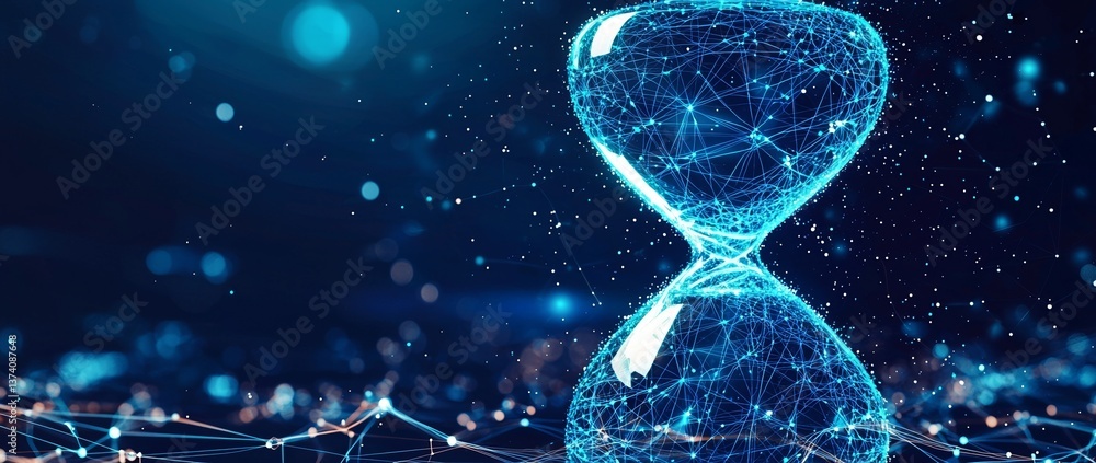 Poster hourglass of the future with a background of network connection technology