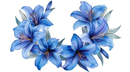 Fototapeta premium Round floral frame with hand-drawn blue ink lilies. Designed for birthday or wedding invitation cards. Vector illustration.