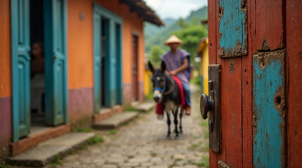 Obraz premium Escena rural colombiana con campesino montado a burro y puerta tradicional de colores vivos