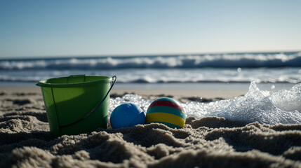 Obraz premium Kidsâ beach toys scattered in warm sand: a green plastic bucket, blue shovel, and bright striped beach balls, with glistening sea foam washing ashore