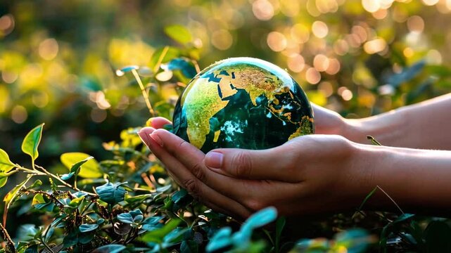 In a lush environment, hands gently cradle a transparent globe showcasing Earth. The greenery around glimmers under soft sunlight, highlighting the beauty of nature and the planet's importance