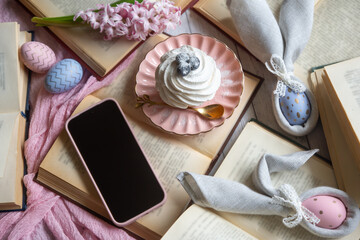 Easter 2025 table decoration for the holiday with flowers and accessories.