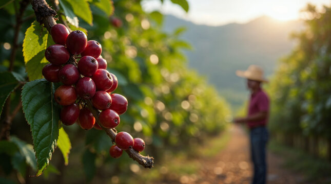 Cultivo de caf&eacute; en Colombia con enfoque en cerezas maduras y campesino de fondo