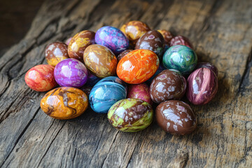 Obraz premium Pile of multicolored chocolate Easter eggs on rustic table, cracked open sweets reveal festive and delicious spring treat