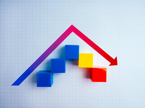 Crisis chart and graph. Economic downturn with Increase and decrease arrow on the top of multicolored cube blocks steps on graph paper background. Business volatility trend process, financial concept. - Powered by Adobe