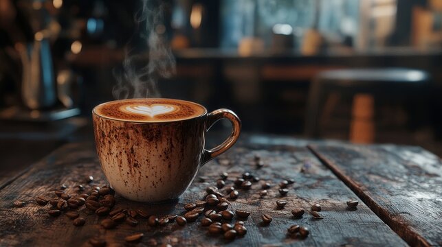 Steaming Espresso Cup with Scattered Coffee Beans on Rustic Wooden Table