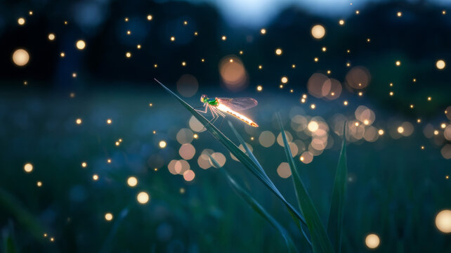 A magical close-up of a glowing firefly perched on a blade of grass in a nighttime meadow 2