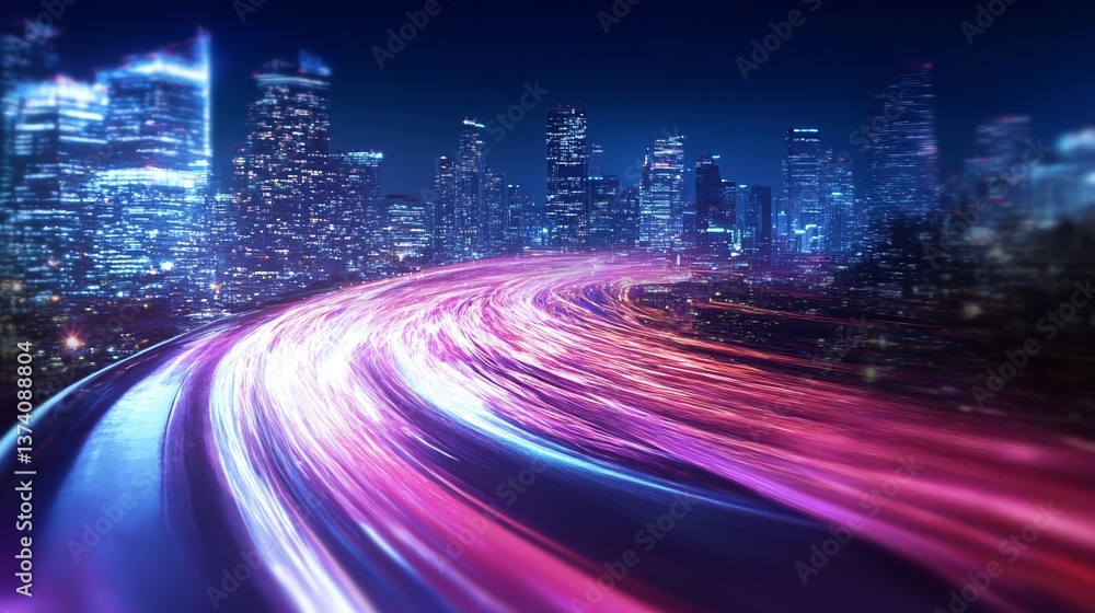 Aufkleber glowing blue and purple light lines with a speed motion blur effect are depicted in an abstract tech