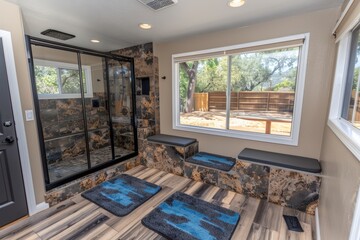 A modern bathroom featuring a glass shower, stone walls, and a view of nature, with stylish mats and seating areas for comfort.