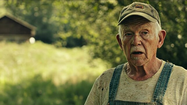 Elderly man in cap and overalls standing outdoors, surrounded by greenery and nature.