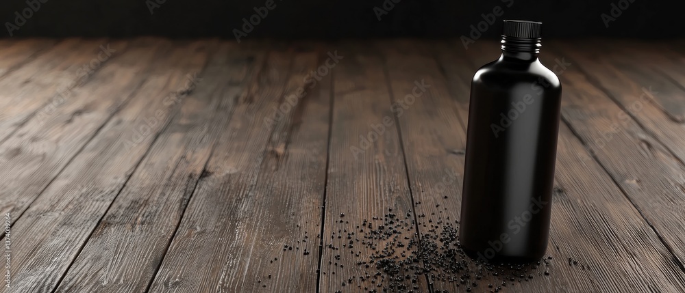 Poster black glass bottle with a black cap lying on a wooden surface. the bottle appears to be empty and is