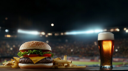 A delicious cheeseburger with a slice of tomato and lettuce, served with fries and a beer, placed on a wooden surface, with the vibrant energy of the stadium crowd and lights blurr