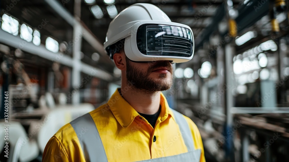 Poster a smart factory engineer employs smart glasses featuring augmented and virtual reality technology to