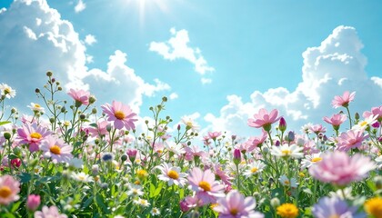 Blooming Wildflower Meadow Under Bright Blue Sky with Sunny Clouds