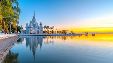 Fototapeta premium Sunrise over a tranquil lake, reflecting a pristine white temple. Palm trees and calm water create a serene atmosphere.