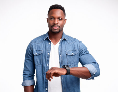 portrait of african american young man handsome guy dressed in casual denim shirt with smartwatch on wrist on white background