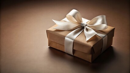 Obraz premium A thoughtfully wrapped gift box, adorned with a delicate, creamy satin ribbon, sits elegantly on a rich brown surface, signifying a moment of anticipation and celebration.