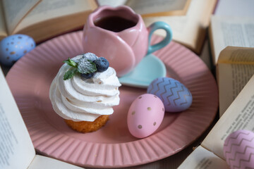 Easter 2025 table decoration for the holiday with flowers and accessories.