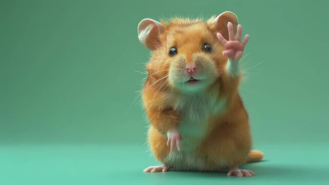 Adorable hamster waving hand. Cute small pet says hello waving paw. Funny animal posing on green background. Domestic rodent welcomes footage. Sweet creature clip.