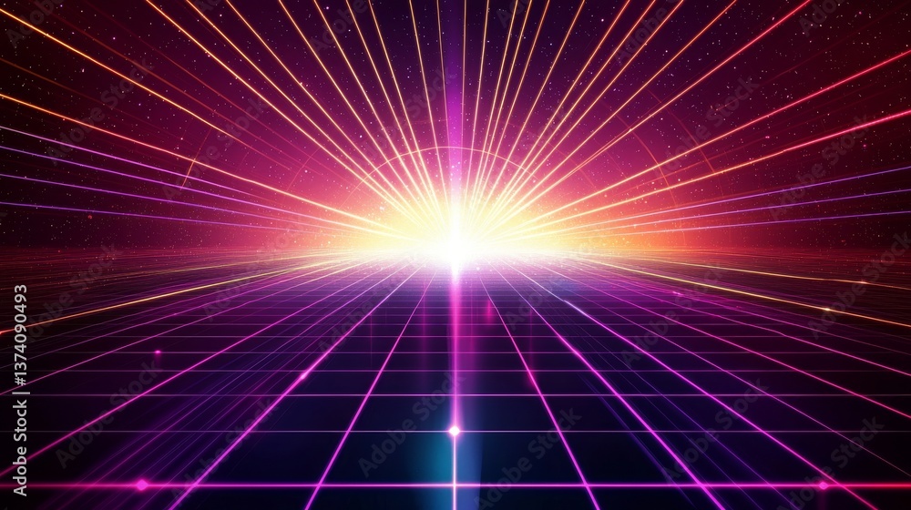 Poster a futuristic and elegant scene featuring light and reflection set against a backdrop of grid lines