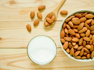 Almonds in a bowl with a glass of milk