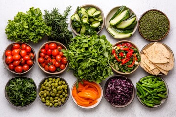 Overhead image of salad ingredients including avocado carrot broccoli and bell pepper arranged on white background captured in high clarity macro food flat lay format