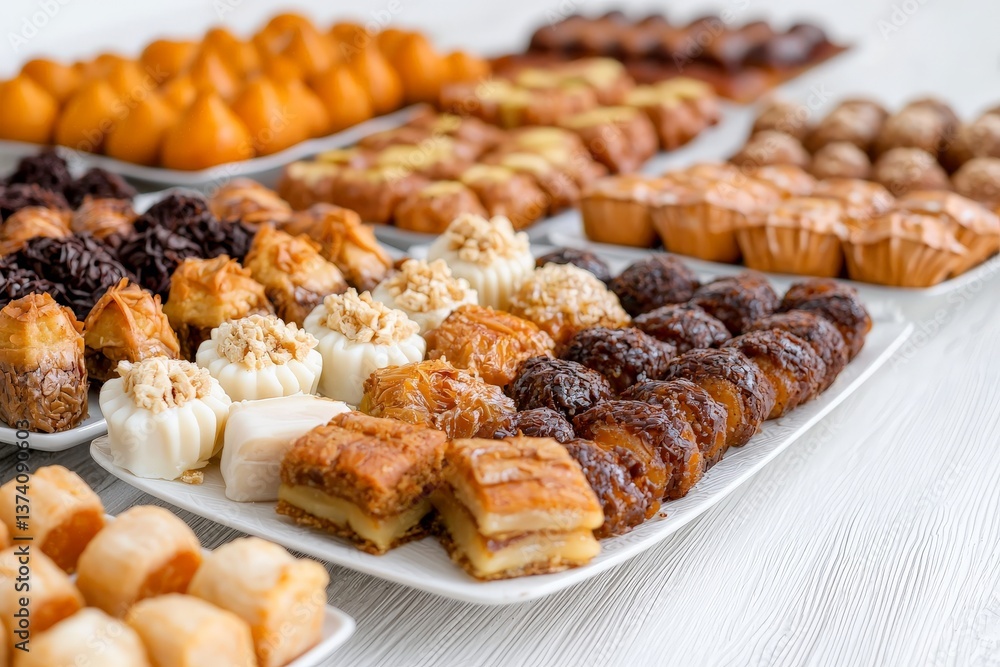 Poster dessert table with assorted sweets including baklava cookies and rolls arranged in rows on dark back