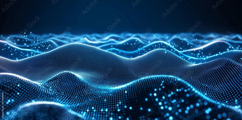Poster an abstract blue background provides the setting for abstract waves from particles and lines of blue