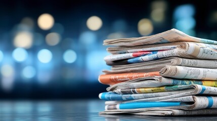 Stack of newspapers on a dark reflective surface with a blurred city lights background. The papers show various headlines and images.